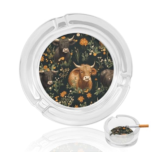 Image of Highland Cows And Flowers Cigarettes Glass Ashtrays Table Top Cigar Ash Tray for Indoor Outdoor Decoration Craft