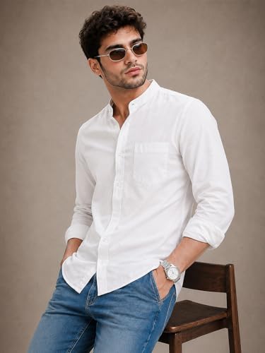 Image of Veirdo Men's Stylish Solid Casual Shirt | Chinese Collar Pure Cotton | Available in Black, Brown, Rust, Olive, White & Navy | Sizes S to XXL