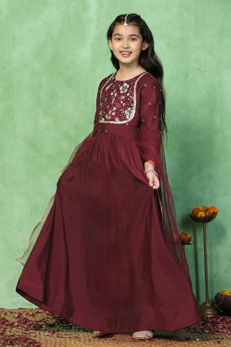 Image of Fashion Dream Girls Chanderi Embroidered Maxi Dress with Dupatta|Ethnic Gown for Kids