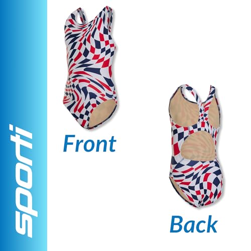 Image of Sporti Wide Strap Girls' Athletic One-Piece Swimsuit - Printed Pattern Competitive Bathing Suit, Racerback Style for Girls