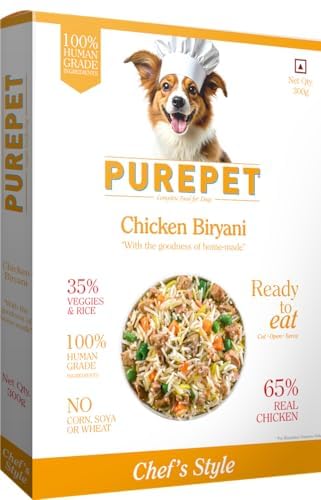 Image of Purepet Fresh Dog Food Chicken Biryani, for Adult & Puppy, 300gm | High Protein, 65% Real Chicken, 35% Veggies & Rice | No Preservatives | Ready to Serve | All Breeds | One Pack One Meal