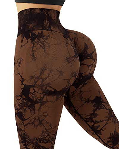 Suuksess Women Crossover Seamless Leggings Butt Lifting High Waisted Workout Yoga Pants (Tie Dye Brown, L) #TOP2