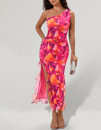 DRESSTELLS Women's Cocktail Party Formal Wedding Guest Mesh Ruched One Shoulder Bodycon Long Slit Evening Dress3