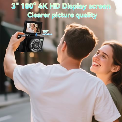 Image of 4K Digital Camera for Photography,64MP Vlogging Camera for YouTube with 3 inch 180 Flip Screen,18X Digital Zoom Point and Shoot Camara with 64GB Micro SD Card (Black)