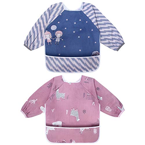 Viedouce Baberos Bebés con Mangas, Impermeables Baberos Manga, Baberos bandolera para bebé con Bolsillo Delantero, Baberos de Alimentación Delantal para Niños Niñas de 6 Meses a 3 Años (2 pack)