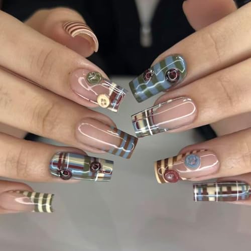 Square Press on Nails Medium Blue Fake Nail Blue and Brown Stripe...