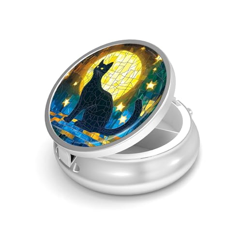 Image of Pill Box-3 Compartment Small Pill Case for Purse & Pocket Mini Metal Pill Holder Travel Pill Container to Hold Supplements Vitamins BPA-Free (Moon Cat)