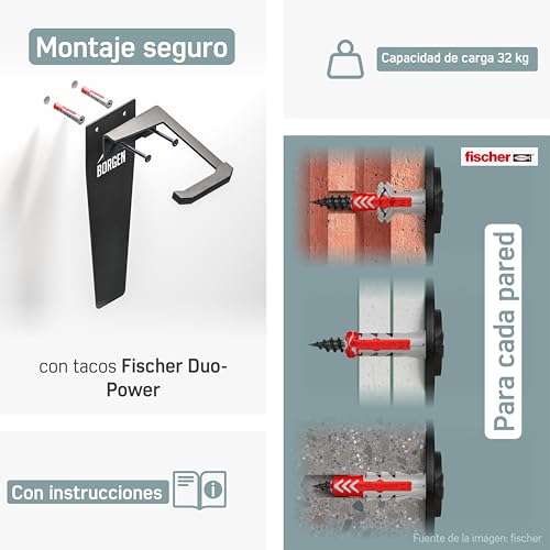 Miniatura 6 de Borgen Soporte De Pared Para Bicicletas Soporte Vertical De Pared Negro Mate Para E-Bikes, Btt, Bicicletas Carretera Gancho Para Bicicletas Para Casa Y Garaje Incl. Almohadillas Protectora Pared