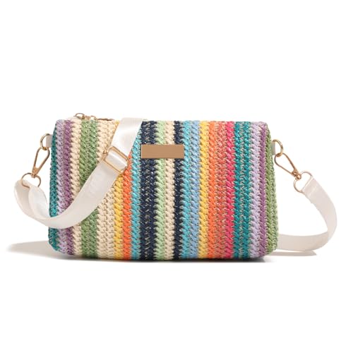 Bolso tote de paja para mujer, con rayas arcoíris, informal, para playa, hombro y cruzado, verano y vacaciones miniatura 1