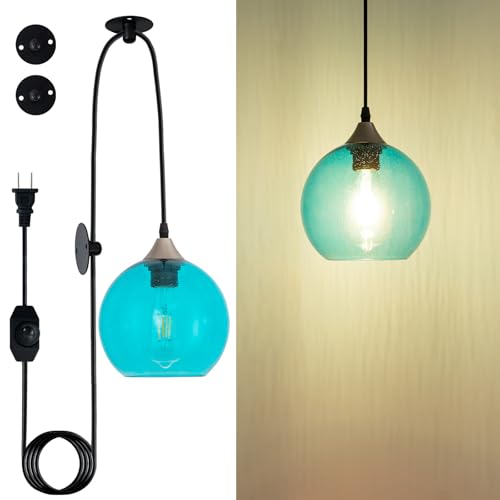 KSNALUX Blue Teardrop Glass Pendant Light Raindrop Bubble Shade Plug in Dimmable Hanging Fixture 16.4 Ft Cord E26 Base for Bedroom Office Coastal Spa Like Atmosphere （Bulb not Included）
