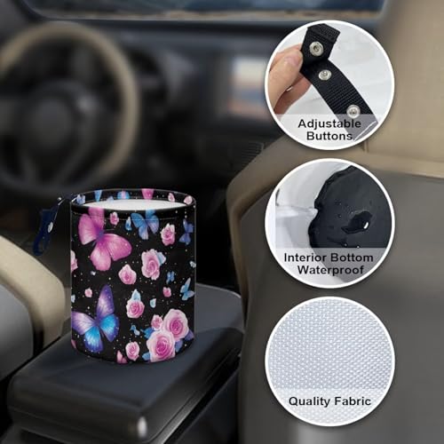 Image of Butterfly Rose Car Trash Can, Waterproof Camping Trash Can, Car Interior Accessory for Back Seat, Front Console, Floor, or Hanging Headrest Waste Basket