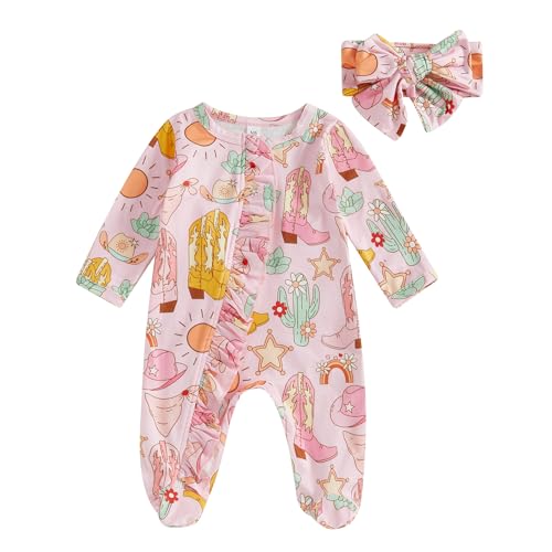 Image of KMBANGI Newborn Baby Girl Western Outfits Ruffle Zipper Boots Footie Jumpsuit Long Sleeve One Piece Cowgirl Clothes 0-12M