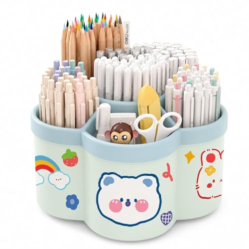 Image of Sumiko Sumiko 360 Degree Rotating Pen Holder Desk School Study Stationery Gift for Students Organiser with Pen and Pencil Holders Pen and Pencil Stationary Storage Plastic Storage Box (GREEN)