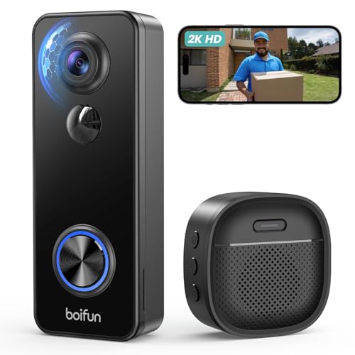 BOIFUN Doorbell Camera Wireless – No Subscription Required, 180° Ultra Wide-Angle, 2K FHD, AI Detection & Alert, HDR Night Vision, Two-Way Audio & Battery Video Doorbell with Chime, 2.4 GHz Wi-Fi Only