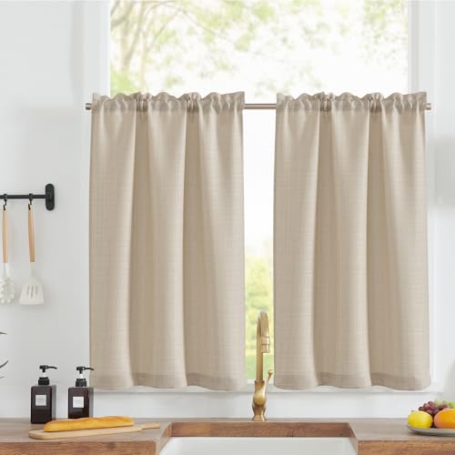 TOPICK Cortina para Cocina con Bolsillo para Varilla Beige Modernas de Cocina Cortas Semitransparentes con Aspecto de Lino Rústico para Ventana de Comedor Juego de 2 Unidades 90 x 76 cm