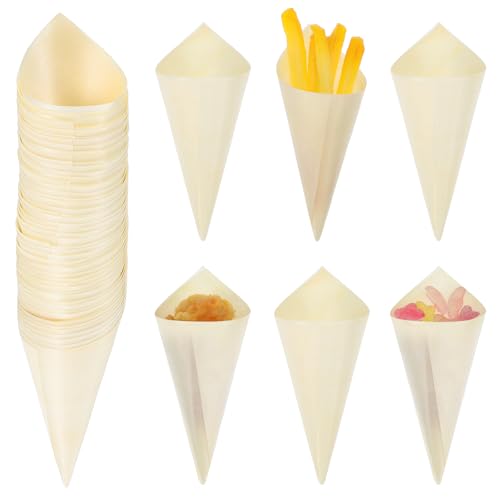 DECHOUS 100Pcs Wooden Charcuterie Cones - Leak-Proof Disposable Food Cones Fine Workmanship for Appetizers, Ice Cream, Popcorn - Wedding Party Favors and Catering Supplies
