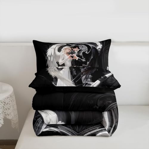 Image of Erosebridal Angel Wings Kids Bedding | Black and White Angel Queen Comforter Sets,Romance Love Comforter Princess Fairy Style Duvet Insert with 2 Pillow Cases