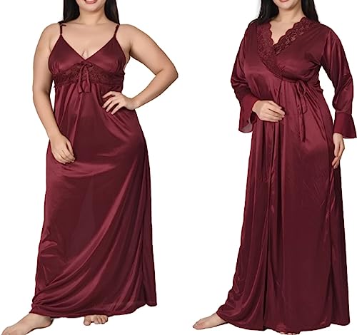 Image of Women's Satin Solid Maxi Nighty Full Sleeve 1 Nighty, 1 Wrap Gown Night Dress Ladies
