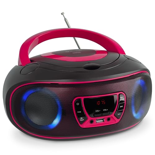 Lettore CD Portatile con Bluetooth Denver TCL-212BT Rosa. Boombox. FM Radio. Volume 2x2W. Ingresso USB, AUX e per Cuffie. Effetto luci.