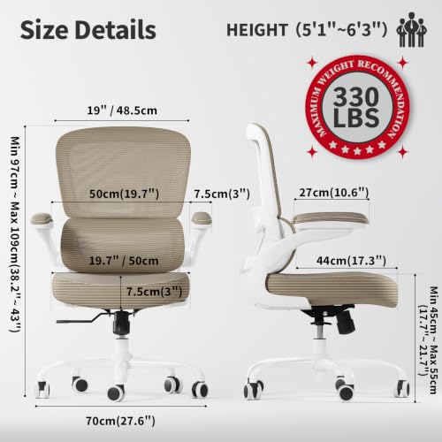 Image of TRALT Ergonomic Office Chair - Desk Chair with Adjustable Lumbar Support Computer Chair - Mesh Comfy Chair with Flip-up Armrests - Gaming Chairs for Adults Home Office (PU Leather, Khaki)