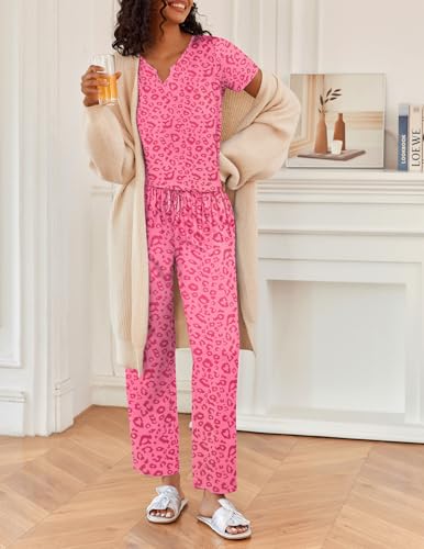 Ekouaer 2 Piece Womens Pajamas V Neck Short Sleeve Top and Long Pants Pjs Print Lounge Set Sleepwear3