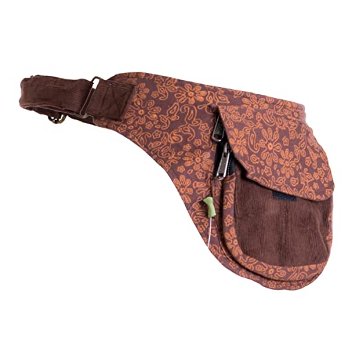Vishes- Alternative Bekleidung - Bauchtasche aus Cord Baumwolle - Blumen Bedruckt braun-orange