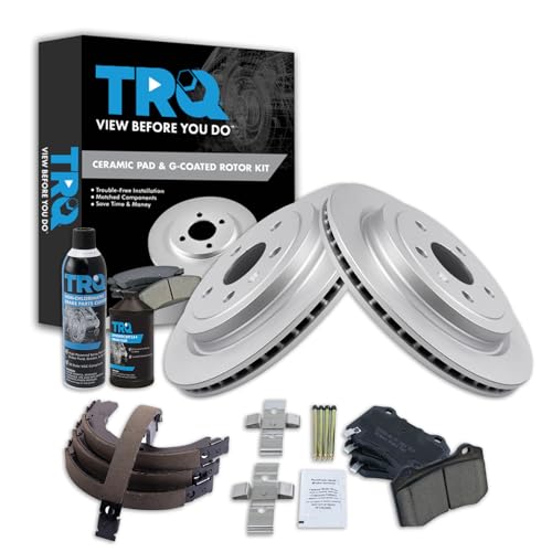 Image of TRQ Rear Brake Pad & Rotor Kit, with Chemical Kit Parking Brake Shoe Set Ceramic Premium G-Coated Compatible with 2009-2014 Cadillac CTS
