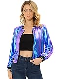 Allegra K Damen Jacke Langarm Holographic Party Leicht Streifen Halloween Bomberjacke Blau Lila M