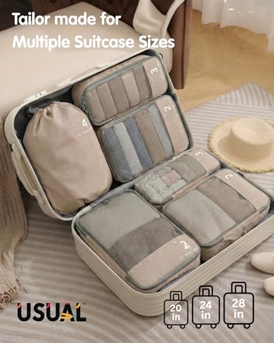 Image of USUAL Compression Packing Cubes for Travel Set of 6, Travel Organizer Pouches for Clothes, Luggage Organizer & Suitcase Storage Bags with Shoe Bag, Toiletry Pouch, Packing Cube Set, Beige