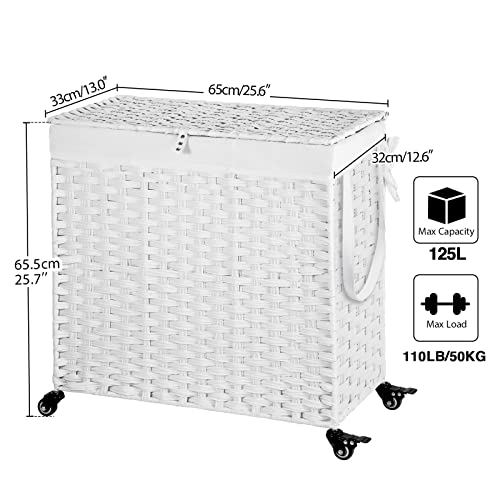 Greenstell Laundry Hamper With Wheels&Lid, 125L Large 3 Sections Clothes Hamper With 2 Types Removable Liner Bags, 5 Mesh Laundry Bags, Handwoven Divided Laundry Basket White #TOP5