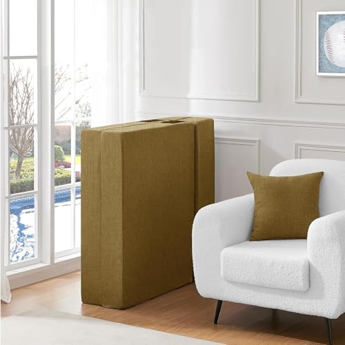 Image of Los Angeles Foldable Two Seater Sofa Cum Bed, Sofa Bed 4 X 6 Feet, Jute Fabric- Washable Cover- Including Two Cushion Perfect for Home & Office, Guest Room -Golden Color