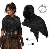 LIULINY 185x52cm Mittelalter Schal Wrap Umhang mit Brosche (Schwarz)