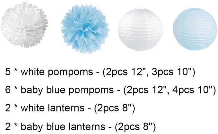 15PCS Baby Blue and White Tissue Pom Poms Flowers with Paper Lanterns for Birthday Baby Shower Baptism Decorations