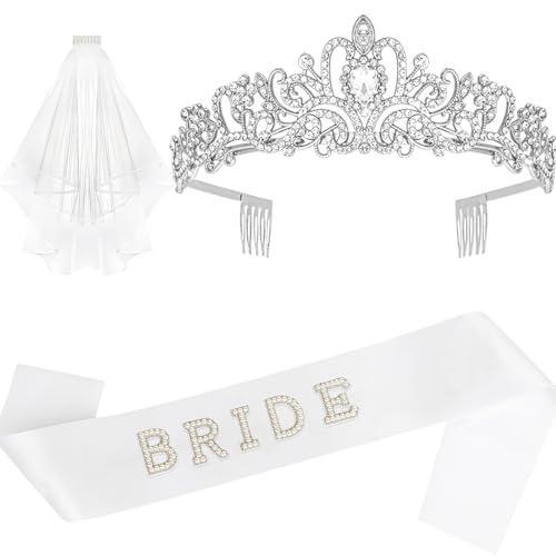 Uintoon Bride Sash & Silver Crown & Wedding Veil Set for Bride to Be Gifts, Rhinestones Crown and Pearl Sash and Bridal Veil for Wedding Bachelorette Party Favors Bridal Shower Decorations