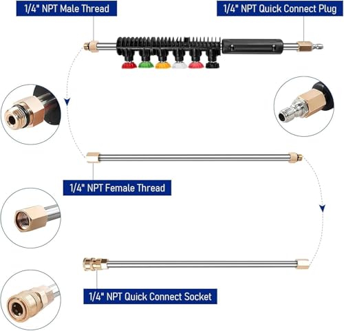 Hochdruckreiniger Verlängerungsstange, 4000 PSI Sprühlanze mit 1/4-Zoll-Schnellanschluss, gebogene Lanze für Dachrinnenreiniger, Zubehör, Teleskop-Verlängerungsrohr mit 10 Anti-Leck-Ringen