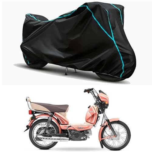 Image of Waterproof Bike Body Cover Compatible for | TVS XL100 Comfort i-Touch | Taffeta Fabric, Sky Piping Design, Bottom Elastic Fit | Dustproof, Sun UV & Rain Protection for All Weather.