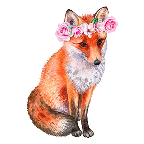 Woyinis Watercolor 3D Fox Wall Sticker Fox Wall Decals 16" × 24" Cute Fox With Rose Flower Wreath Wall Decal Art Decor Stickers For Kids Room Playroom Baby Nursery Living Room Wall Murals #TOP2