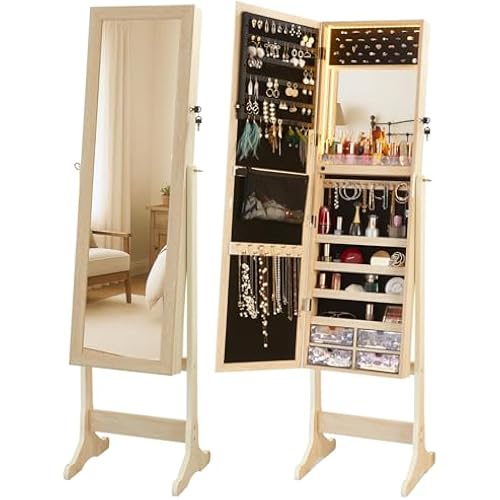 LUXFURNI 62.6" Standing Jewelry Armoire Cabinet with Storage Mirror