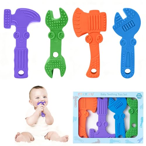 Image of TYRY.HU Baby Teething Toys for Babies, Baby Teether Toys, BPA Free Silicone Baby Molar Teether Chew Toys, Hammer Wrench Spanner Pliers for Boys Girls, Soft-Textured, Easy to Hold & Clean, 4 Packs