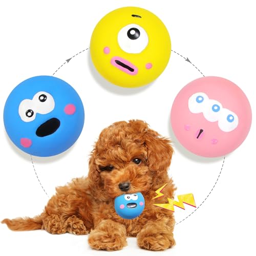 LLSPET Dog Squeaky Toys, Latex Squeaky Dog Balls with Cute Big Eyes for Pet Dogs - Suitable for Teething Puppies, Small Dogs and Medium Dogs in Outdoor Chase and Fetch (3 Pcs)