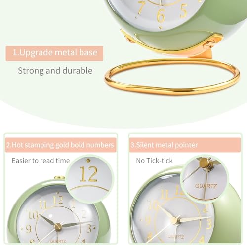 Image of Vintage Analog Alarm Clock with Night Light, Silent Non-Ticking Quartz Movement, Battery Powered Round Desk Clock with Gold Metal Stand, HD Glass Dial for Bedroom, Office, (English Multicolor)
