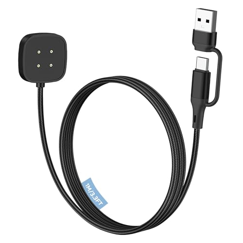 MoKo 2-in-1 Ladegerät für Fitbit Versa 4/Versa 3/Sense 2/Sense USB A/C LadeKabel Ladestation für Google Pixel Watch 3/2 Magnetische Charger Cable Dock für Fitbit Watch Schwarz