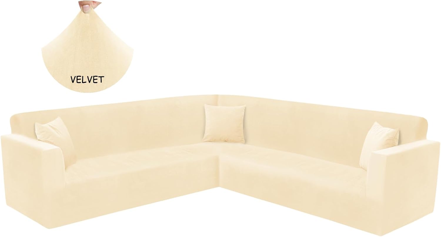 HDCAXKJ Velvet Corner Sectional Couch Covers L Shape Sofa Cover Stretch Sectional Slipcover Set Soft Washable U Shaped Sofa Covers Living Room Non Slip Pet Dog Furniture Protector (Oatmeal, Large) Large Oatmeal