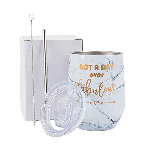 Birthday Gift for Women - Not a Day Over Fabulous Wine Tumbler- Birthday Mother's Day New Year Gifts for Women, Mom, Sister, Friends, Ideal Thank You Gifts for Women, 12OZ With Lid and Straw