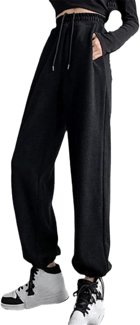 KEHAIOO Casual Women Sweatpants, Autumn Cotton Loose Elastic High Waist Pants, Solid Black Korean Pocket Sweatpants