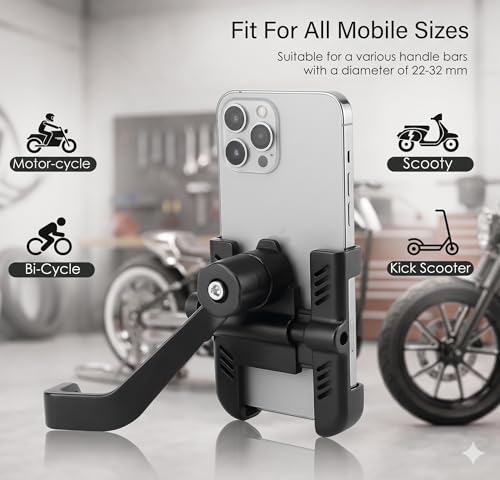 Image of Metal Mobile Holder for Bike and Scooty | Adjustable Phone Mount with Rock-Solid Grip | 360 Rotation Anti-Slip Design Universal Fit for Motorcycles & Scooters Black