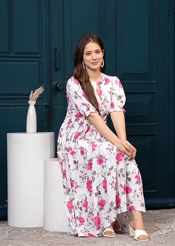 Image of Monique Brand Women's /Girls Cotton Kurta for Women Floral Printed Regular Fit Anarkali Kurta ||Floral Flared Western Dress