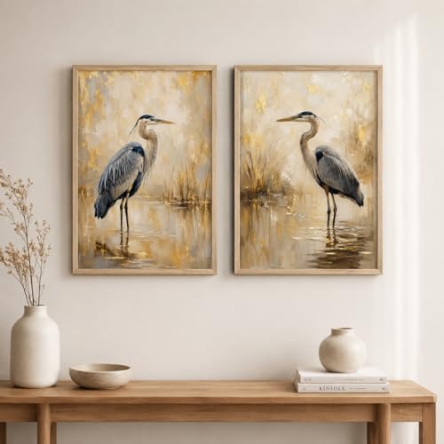 Image of Artify Set of 2 Heron Bird Wall Painting for Living Room Bedroom Hall Office Decor, Premium Wooden Synthetic Frame Beige Luxury Artwork Gift