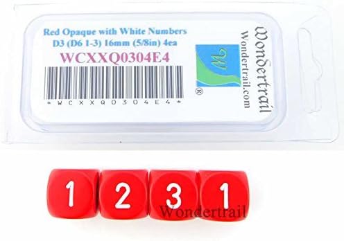 Red Opaque Dice with White Numbers D3 (D6 1-3 Twice) 16mm (5/8in) Pack of 4 Wondertrail