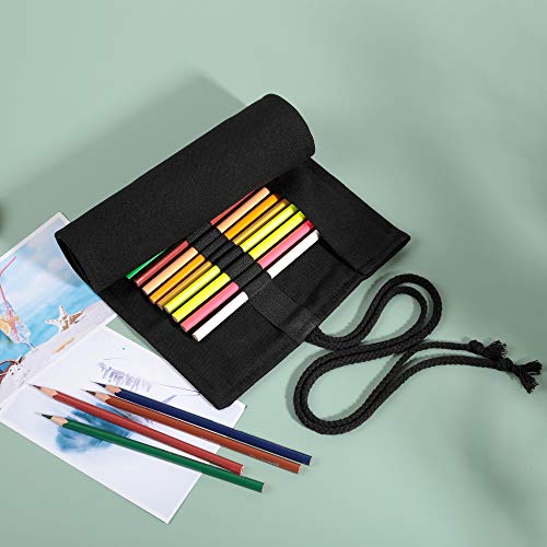 Image of Canvas Roll up Pencil Pen Holder Case, 48 Slots Large Capacity Artist Paint Brushes Organize Pouch (Black)